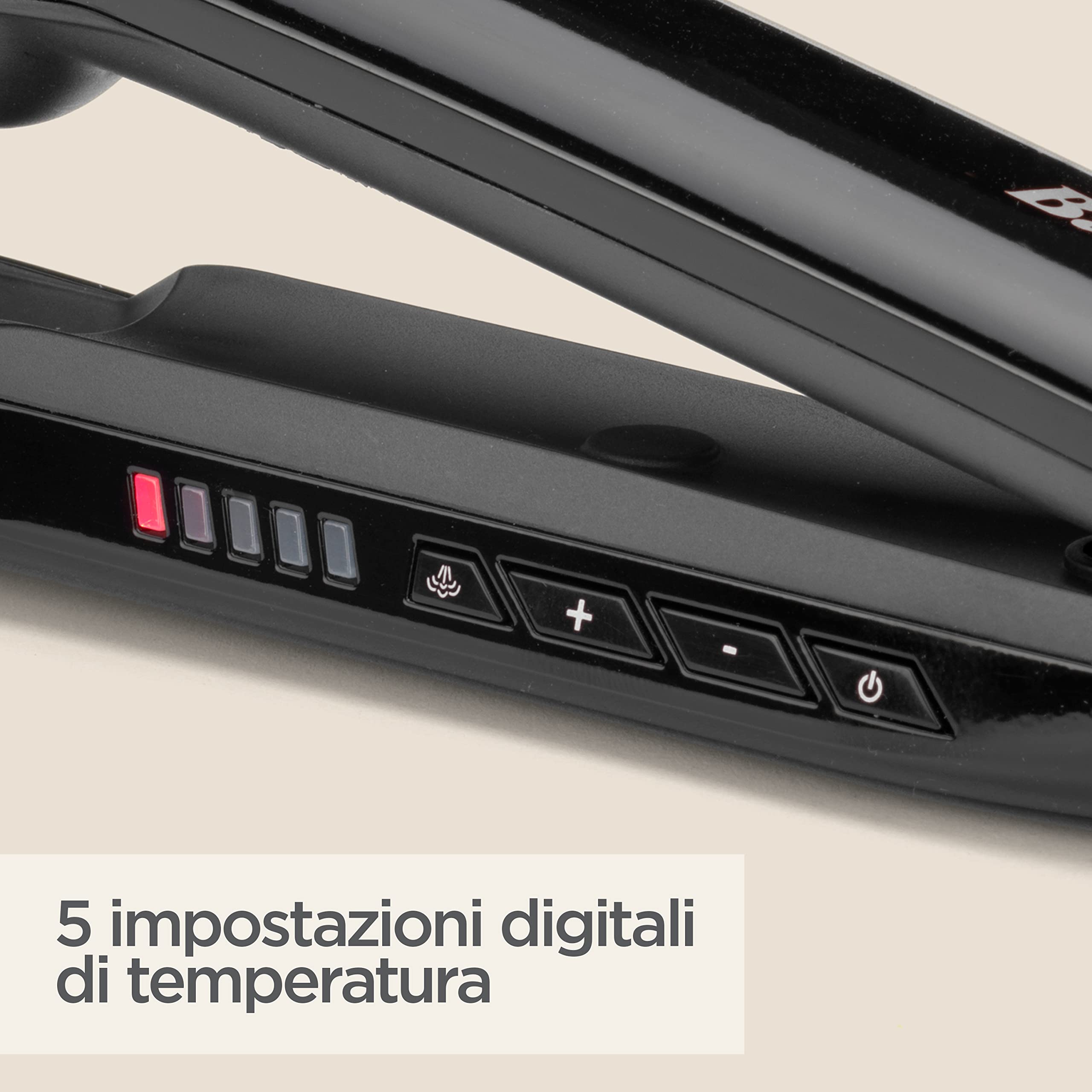BaByliss ST496E Piastra a vapore 2in1 Steamshine ceramic, Piastre in diamond ceramic da 39 mm, Riscaldamento Advanced Ceramics™, lisciante, 5 temperature, Auto spegnimento di sicurezza, nera e argento