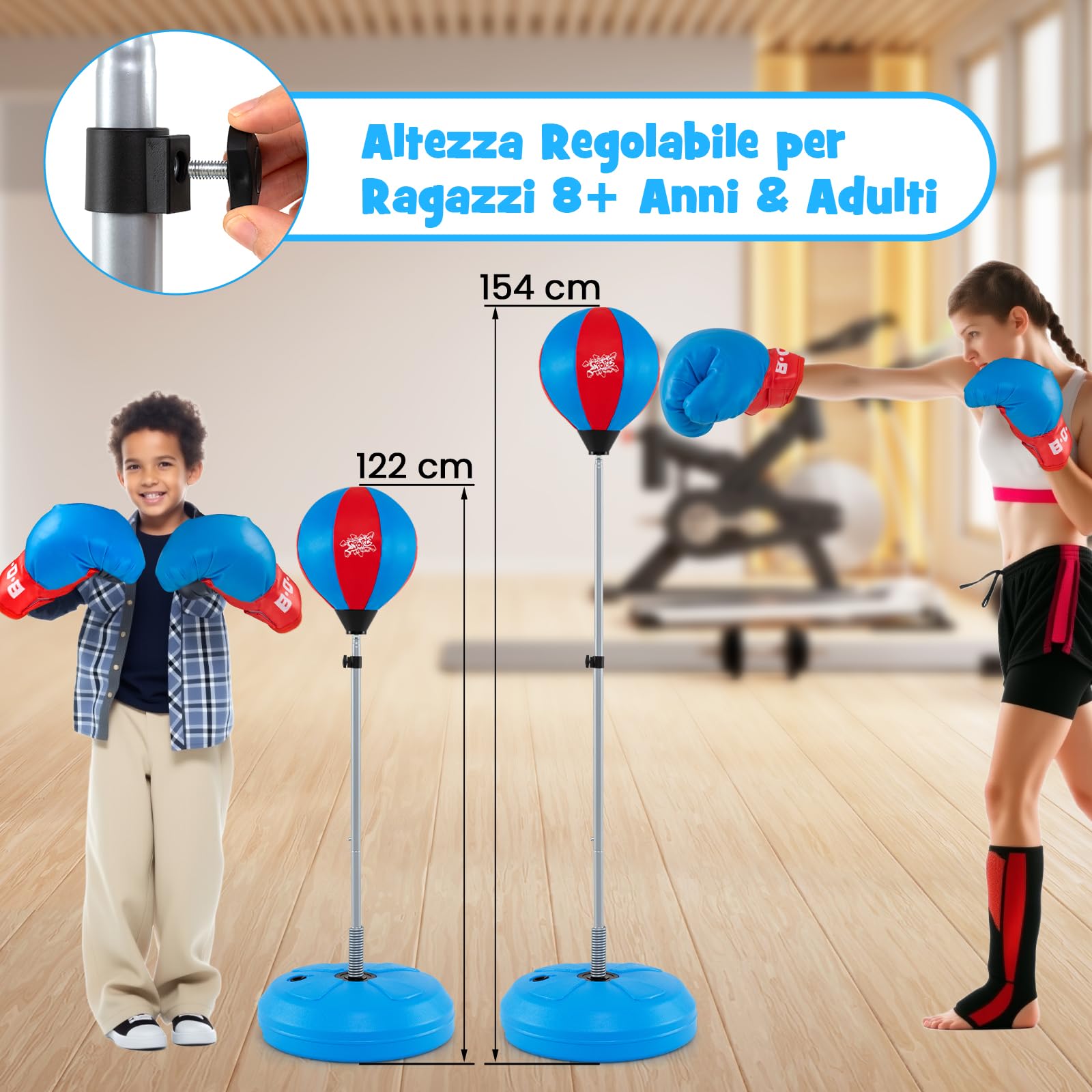 RELAX4LIFE Punching Ball con Guantini per Adulti e Bambini, Sacco da Boxe con Altezza Regolabile 120-154 cm, Palla di Pugilato da Terra con Base Stabile