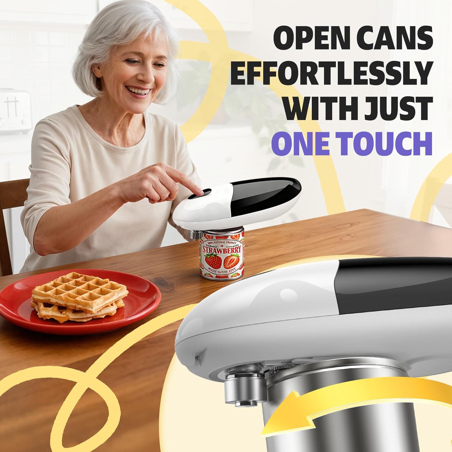 Handsfree One Touch Electric Can Opener, Smooth Edge Automatic Can Opener Fits All Can Sizes, Handheld Battery Operated Easy and Safe Kitchen Gadget for Seniors with Arthritis