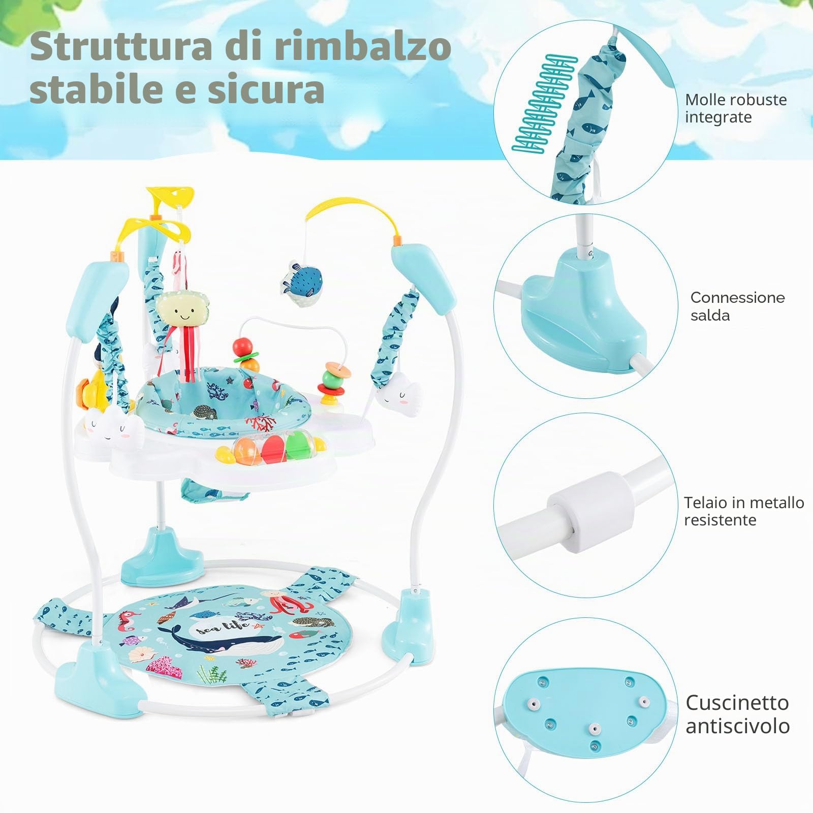 LIFEZEAL Girello per Bambini 6-18 Mesi, con Sedile Girevole a 360°, 9 Giochi Montessori, Luci e Melodie, Girello Neonato, con Altezza Regolabile, Centri di attività Fissi, Jumperoo per Bimbi (Blu)