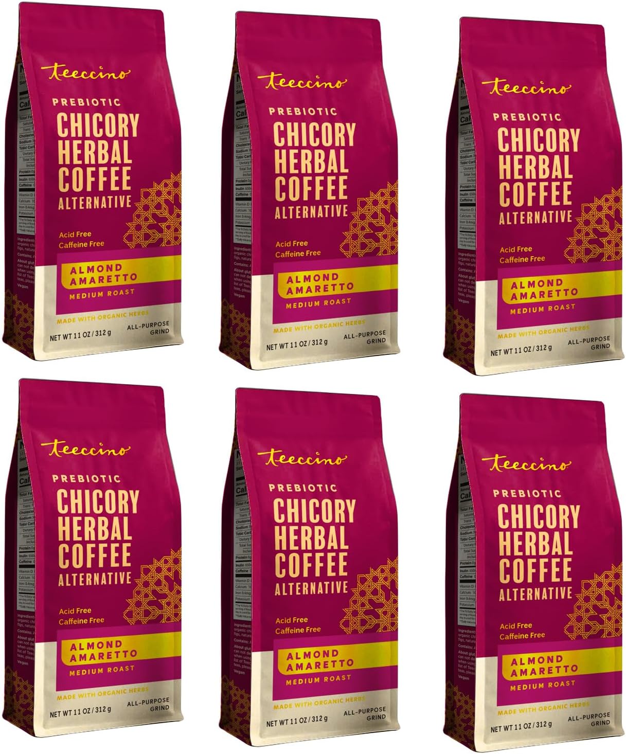 Almond Amaretto Chicory Coffee Alternative - 11 Ounce - Ground Herbal Coffee That’s Prebiotic, Caffeine Free & Acid Free, Medium Roast, (Pack of 6)