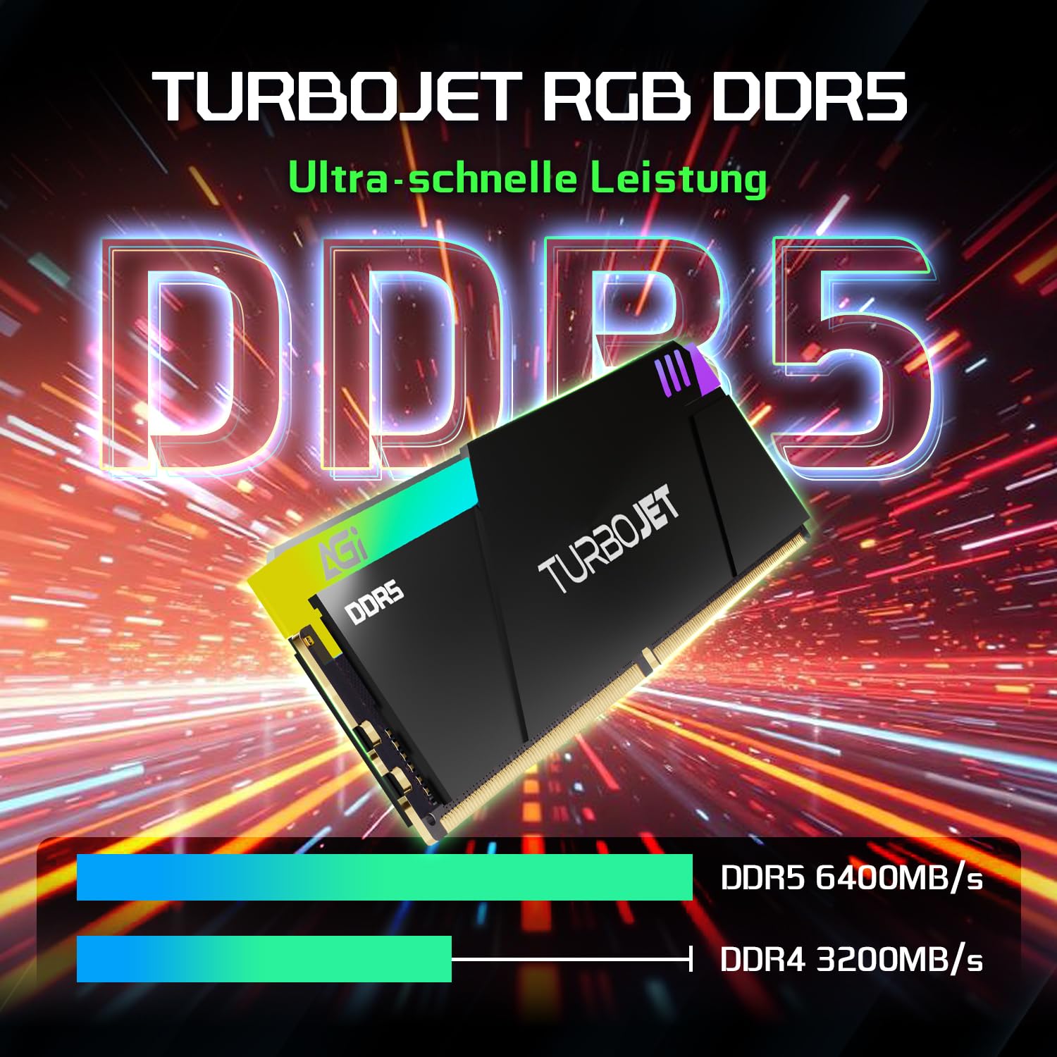 AGI UD858 TURBOJET RGB 32GB Kit 2x16GB DDR5 6400MHz UDIMM PC RAM Noir | Latenz CL36, 288-Pin, Desktop-Arbeitsspeicher kompatibel mit AMD EXPO und Intel XMP. Optimiert fuer PC Gaming
