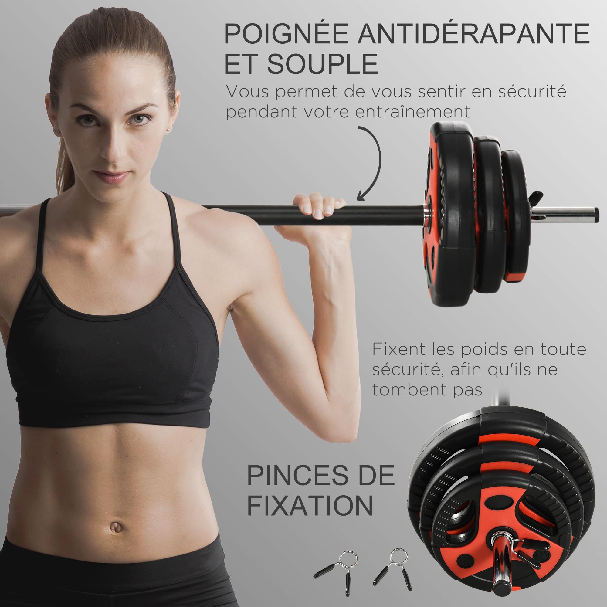 SPORTNOW Ensemble d'haltère 20 kg, kit barre de musculation avec poignée antidérapante, barre monobloc, exercices de fitness entraînement à la maison et gym, poids réglable, charge max. 50 kg, noir