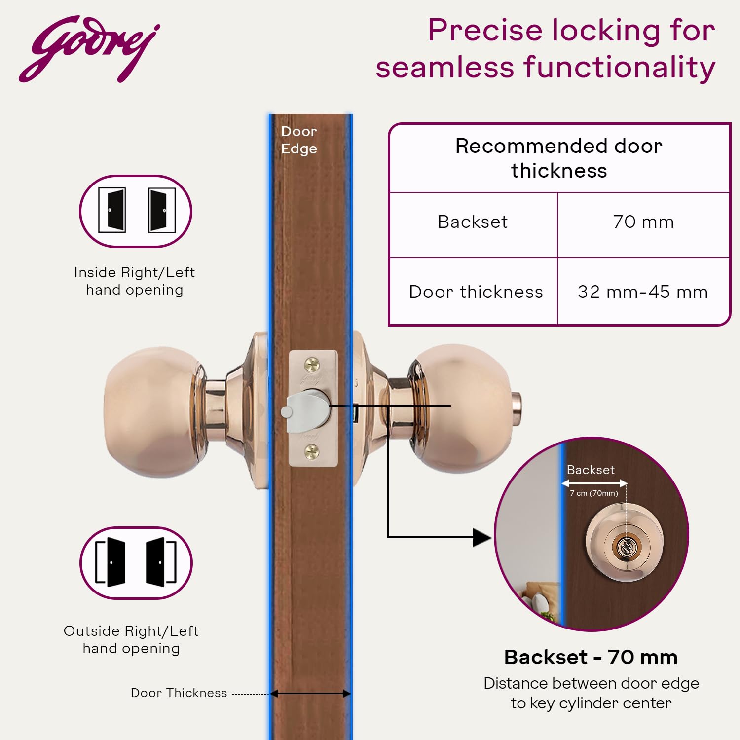 Godrej Cylindrical Lock | with 3 Keys | Suitable for Bedroom Doors&Inter-Connected Doors for Commercial Space | 70mm Backset | Door Thickness 32mm to 45mm | Rose Gold Finish | 5 Year Warranty — Amazon image 5