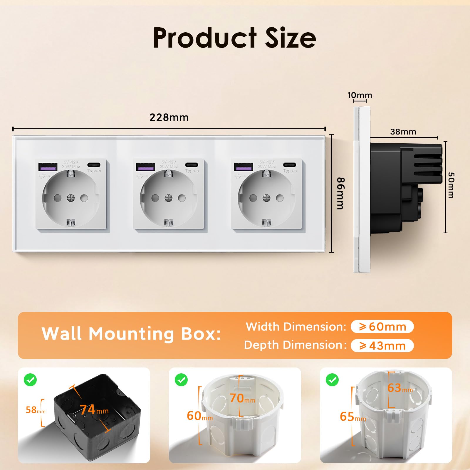 BSEED Schuko Steckdose mit USB C 20W Schnellladegerät USB Type C Wandsteckdose mit Glas Panel,3 Fach Steckdose,USB Steckdose Unterputz, Einbausteckdose Geeignet für Phone,Pad,MP3 und mehr-Weiß,4 Stück