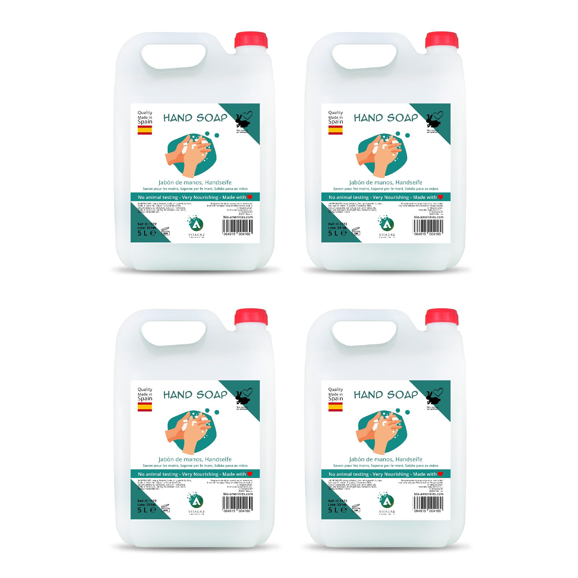 Pack 4 garrafas 5L jabón de manos sin perfume - total 20 L - fórmula dermoprotectora con fragancia suave - higiene profesional para hoteles, gimnasios, colegios y baños compartidos - Vitacab