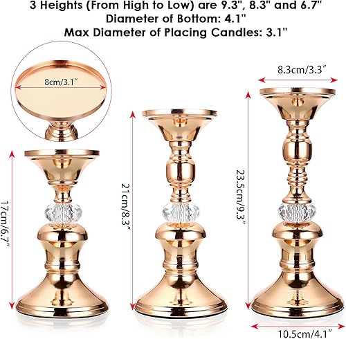 Miniatura 3 de OwnMy Juego de 3 portavelas de metal de oro rosa para velas de 3 pulgadas, elegantes soportes de velas de cristal de metal para mesa de comedor,