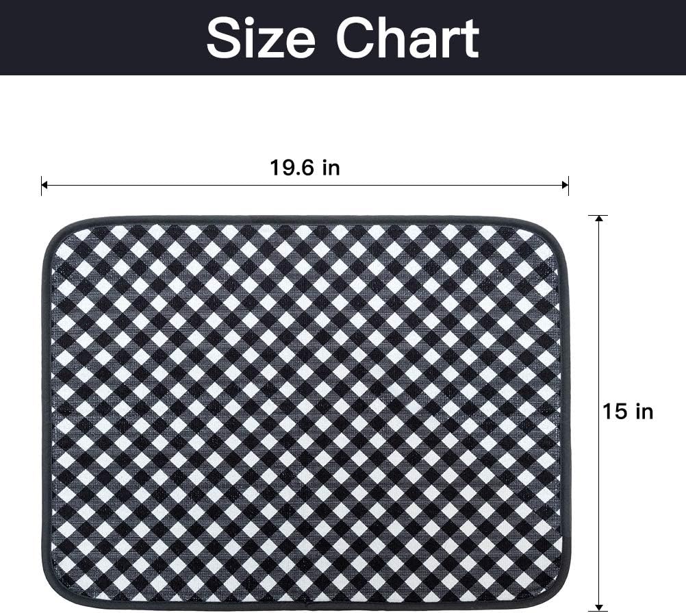 OUTCREATOR Absorbent, Reversible Microfiber Dish Drying Mat for Kitchen, 15 Inch x 19.6 Inch, 2 Pack (Black check)