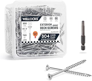 WELLOCKS Deck Screws 304 Stainless Steel #10×2" 300 PCS with T25 Star Torx Drive Flat Head Wood Screws High Corrosion Resistance for Outdoor Wood Fence(SS102B)