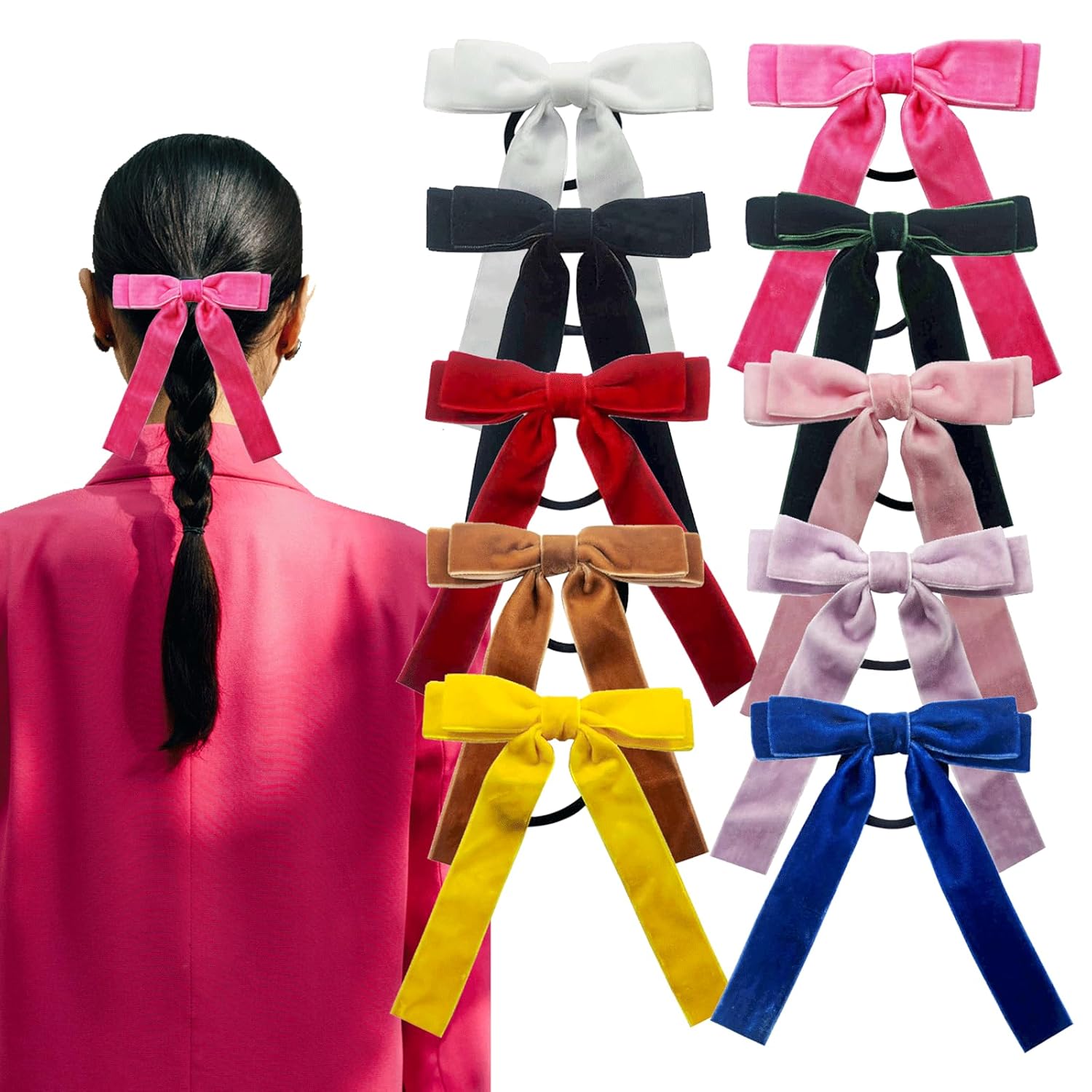 10PCS Velvet Bow Hair Ties, Assorted Color Bow Elastics Hair Scrunchie, Ribbon Bowknot Scrunchy Hair Rope, Ponytail Holder Accessories for Women Long Curly Straight Thick Thin Hair