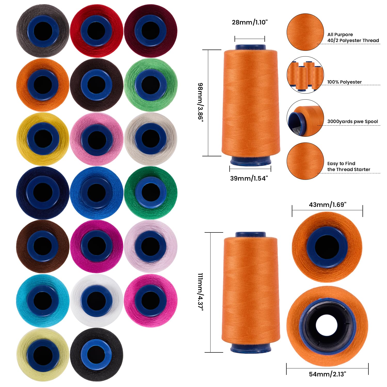 Cônes de fil de surjeteuse de 2744 m chacune, bobines de fil en polyester 40S/2 pour surjeteuse, matelassage, merrow, pièces, broderie à la main