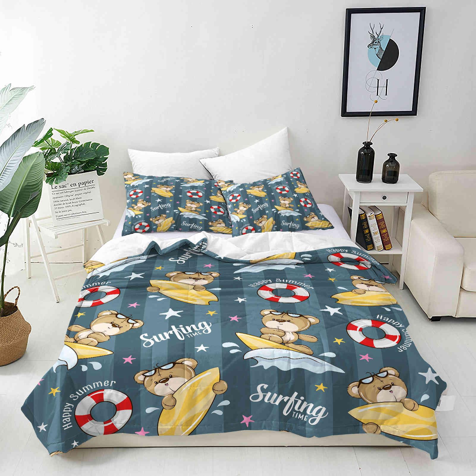 ANHOPE Custom Bedding Set Personalised Size Duvet Cover & Pillowcase Cute Cartoon Animal Bear Surfing Printed Pattern Customized Quilt Cover for Kids Couple Family Birthday Wedding