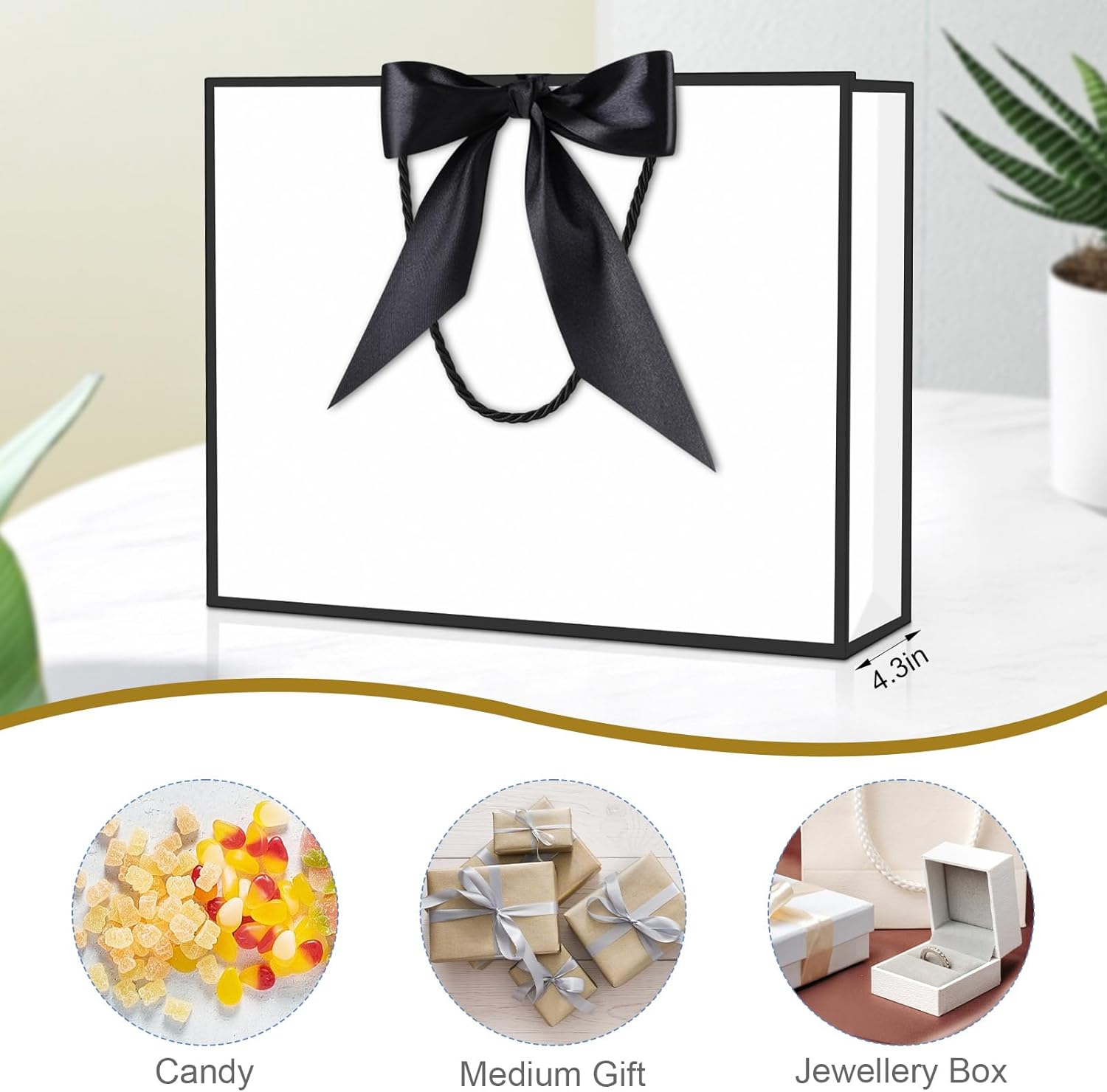 YoungTree Medium Gift Bag with Ribbon and Greeting Card 2 Tissue Papers, Paper Birthday Gift Bags with Handles, Elegant Present Bags for Valentines Day Wedding Engagement Party Supplies (White-Black) - Image 7