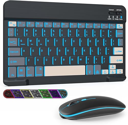 7 colores retroiluminados Bluetooth teclado y ratón combo para iPad ProAirMini, teclado inalámbrico recargable ultrafino y mouse para iPhone 151413
