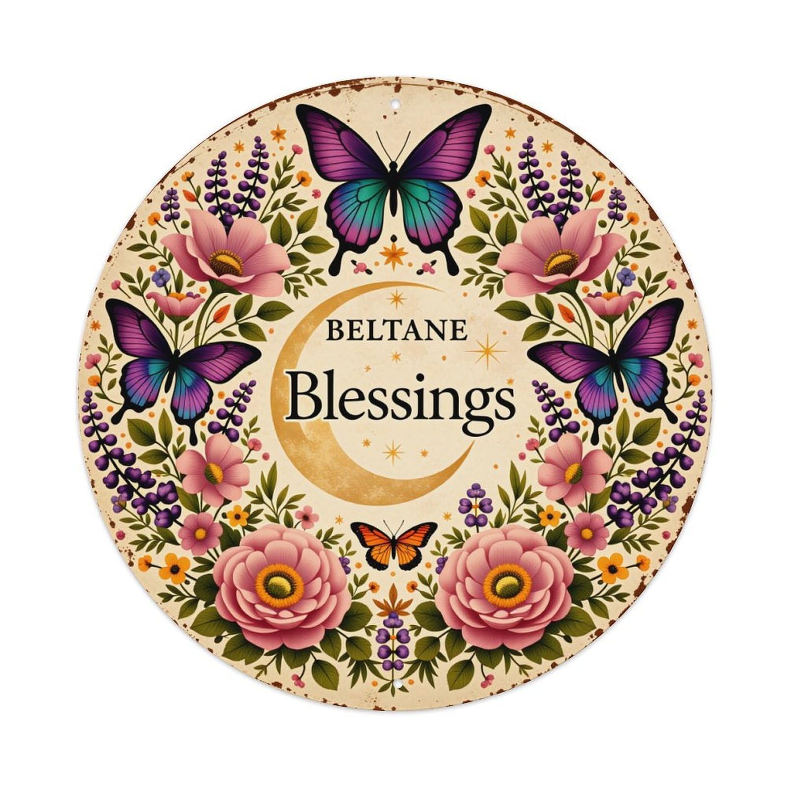 Floral Butterflies Moon Blessings Beltane Round Tin Sign Vintage Style Metal Sign Home Bar Garden Wall Plaque Decor Metal Poster 8x8 Inch