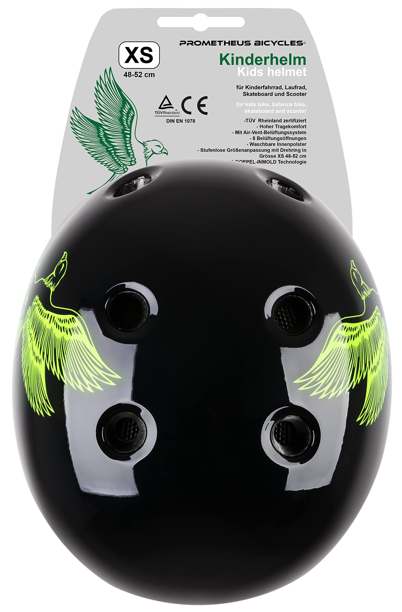 PROMETHEUS BICYCLES Fietshelm voor kinderen, jongens en meisjes, kinderfietshelm skaterhelm 3, 4, 5, 6 jaar, XS 48-52 cm, kinderhelm fiets met draairing, helm TÜV Rheinland, groen, zwart