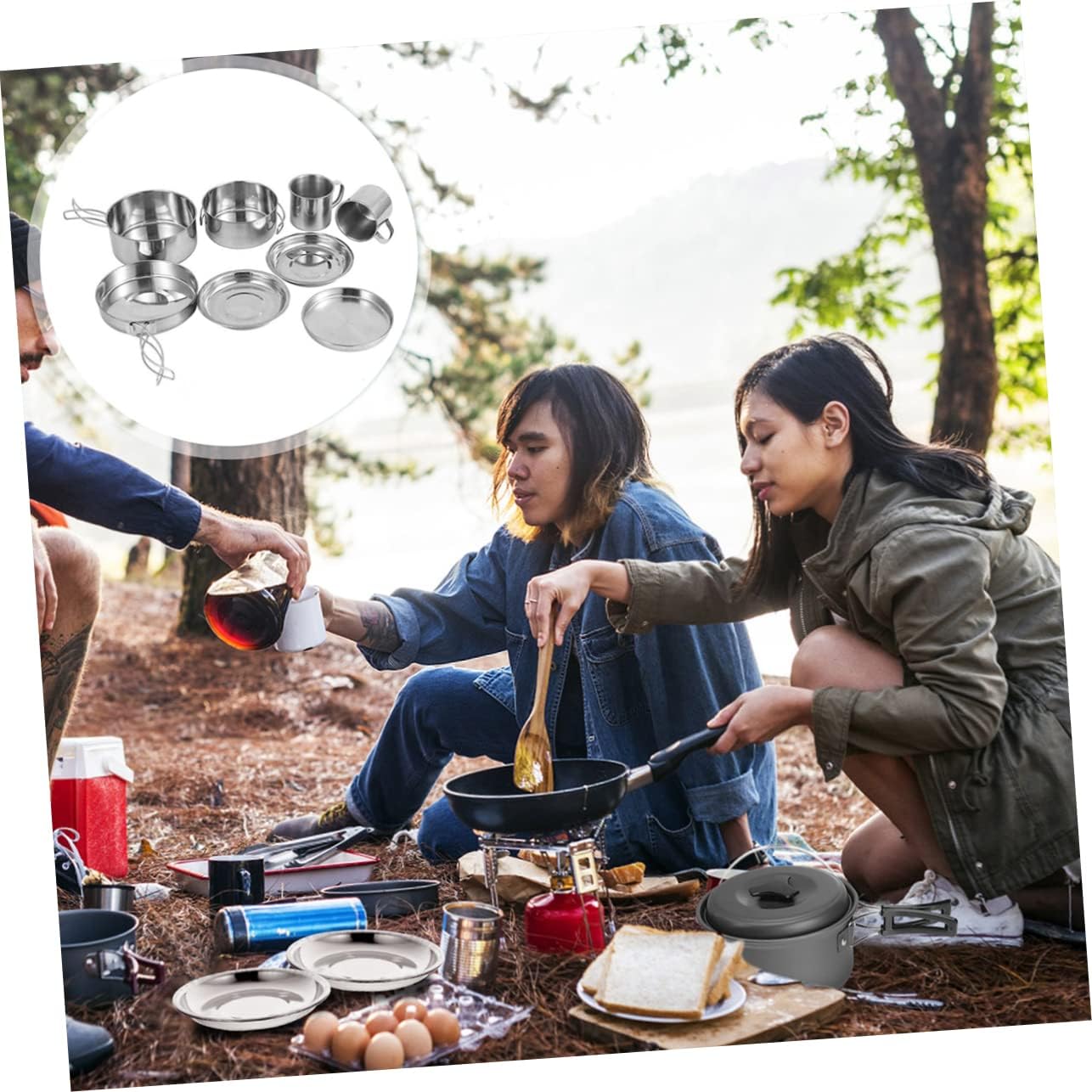Mipcase 1Set Portable Camping Cookware Multi Functional Cooking Pot Frying Pan Plates Cups Handles for Easy Storage for Outdoor Camping