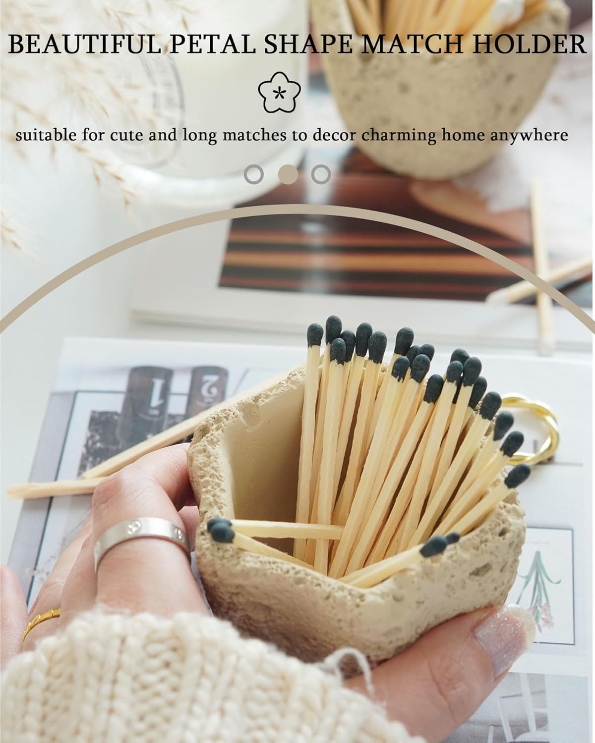 Concrete Matches Holder with Striker-Beautiful Petal Shape Match in Jar-for Cute/Fancy/Long Candle Match,Refresh Any Modern Home Decor with Premium floral Jar-No Matches (milky beige)