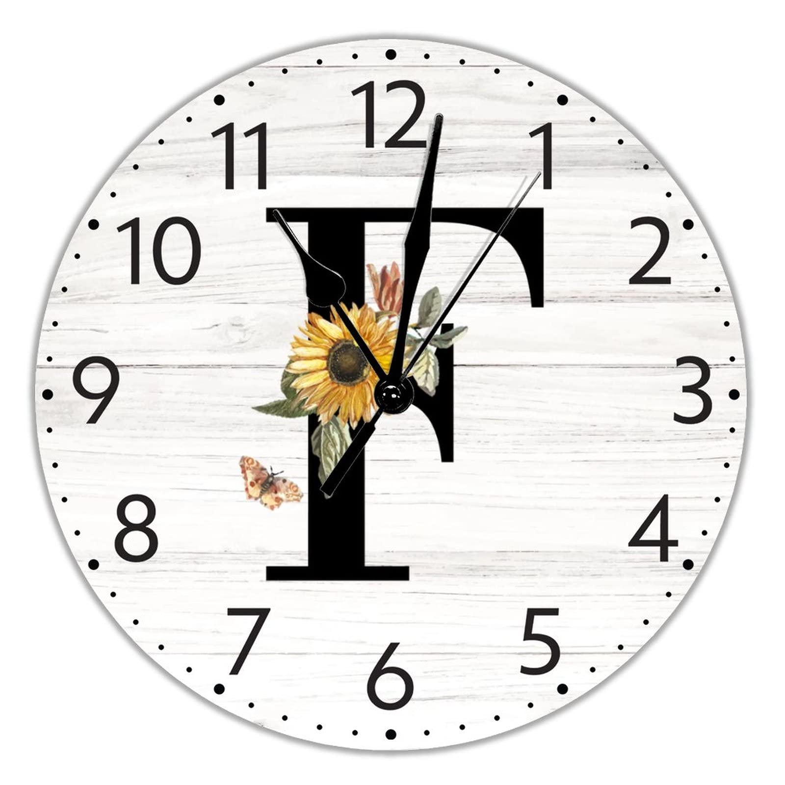 Horloge murale personnalisée lettre F noire et tournesol, cadeau idéal pour pendaison de crémaillère
