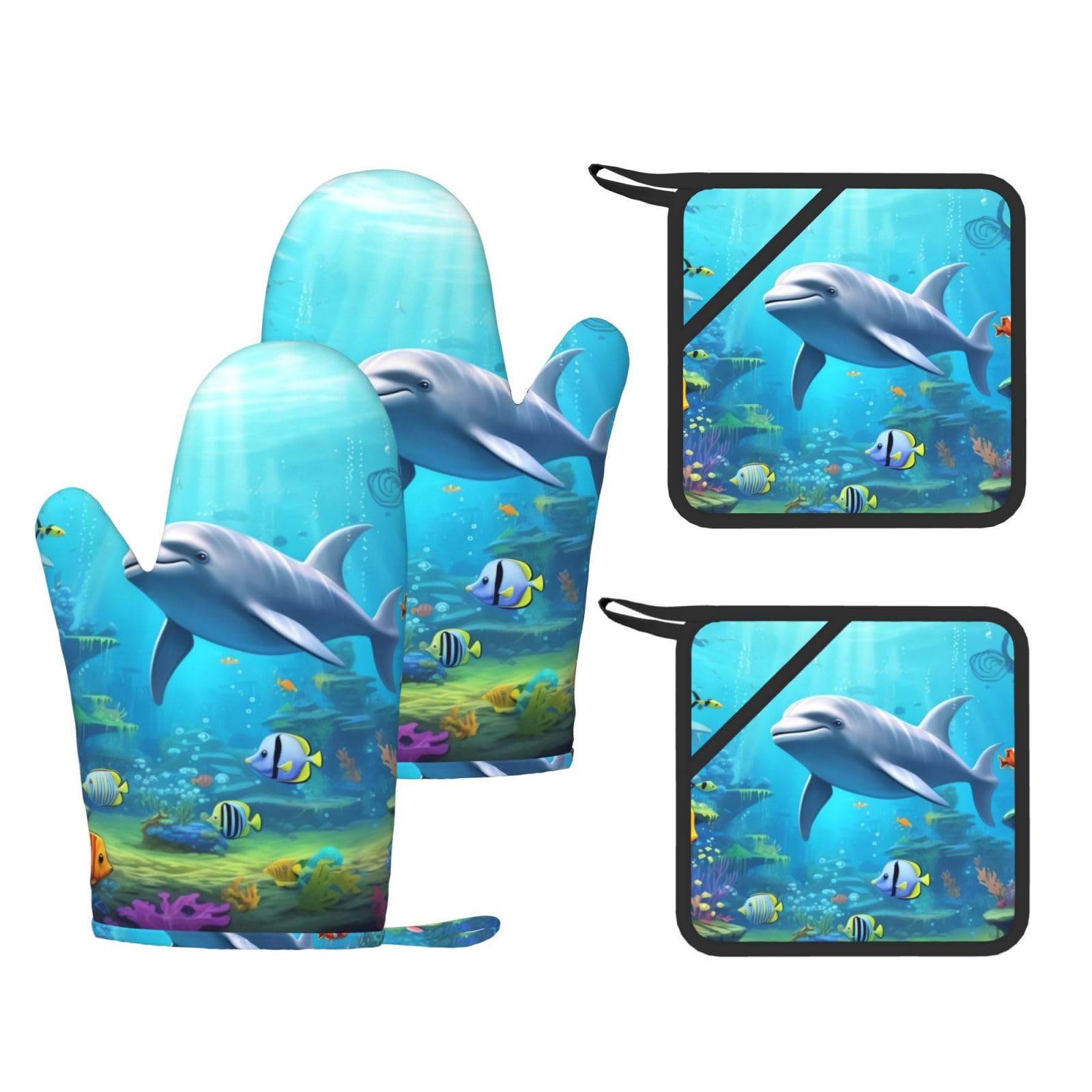 4 Pcs Kitchen Oven Mitts Ocean Animals Oven Mitts and Pot Holders Non-slip Silicone Kitchen Gloves for Cooking Baking Grilling Kitchen Essentials