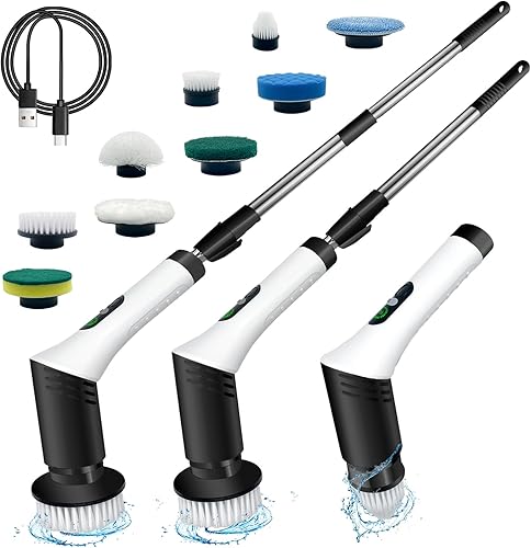 Cepillo de limpieza multifuncional 9 en 1 con mango desmontable, 9 cabezales de cepillo reemplazables y pantalla LCD, limpiador giratorio eléctrico
