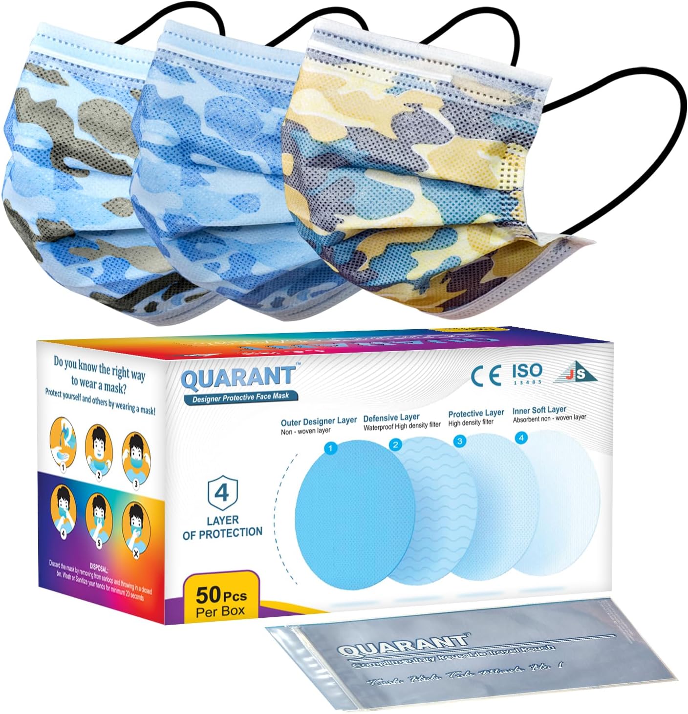 QUARANT Meltblown - Dual SMMS Fabric 4 Ply Designer Protective Face Mask with Nose Clip and Reusable Travel Pouch, Fashion That's Safe (Camo Combo, Pack of 50) for Unisex