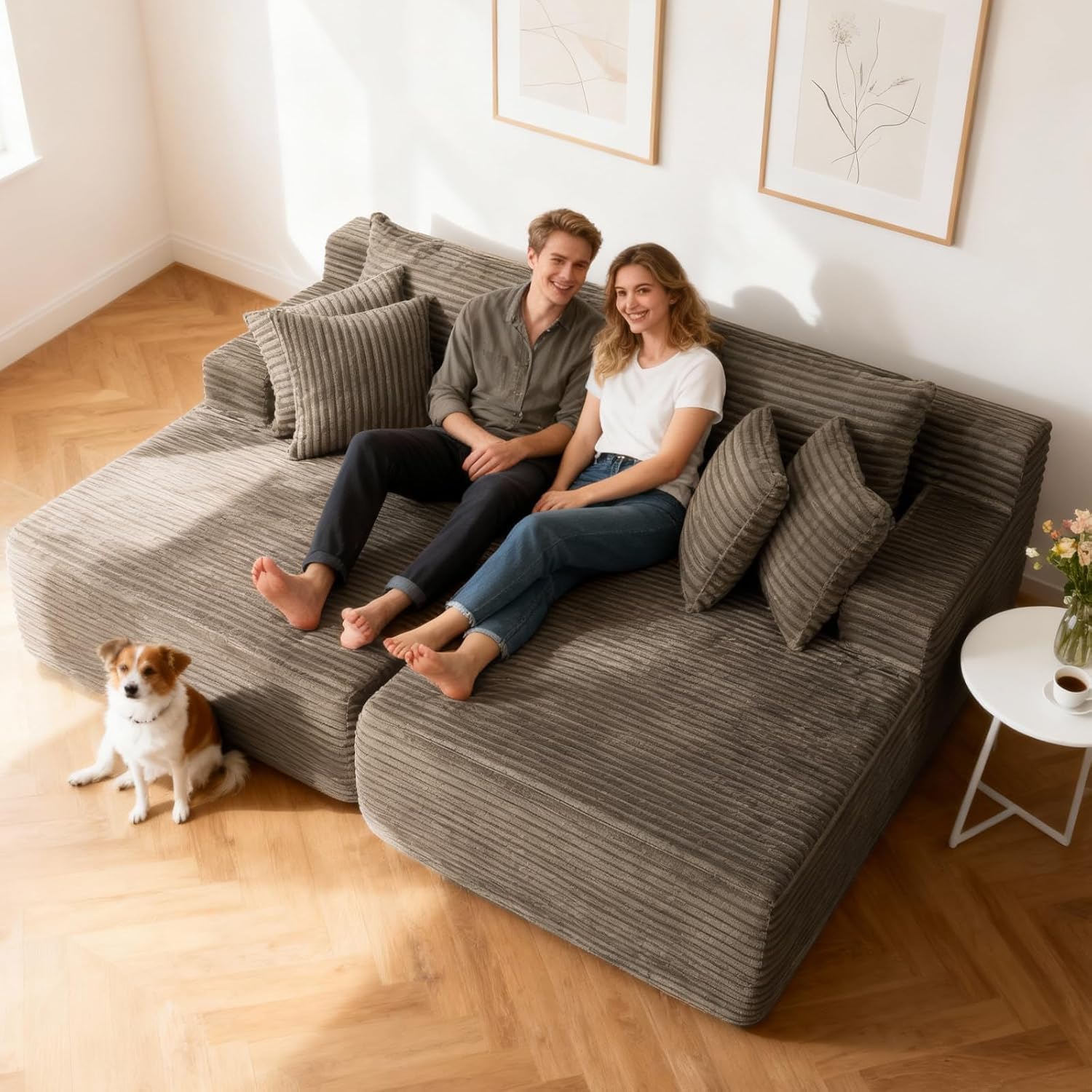 83'' Oversized Double Chaise Lounge, Boneless Lounge Couch Sofa Bed with Deep Seat & 6 Pillows, Modern Corduroy Cloud Plush Loveseat Sleeper Chair for Living Room Bedroom,No Assembly Required, Brown
