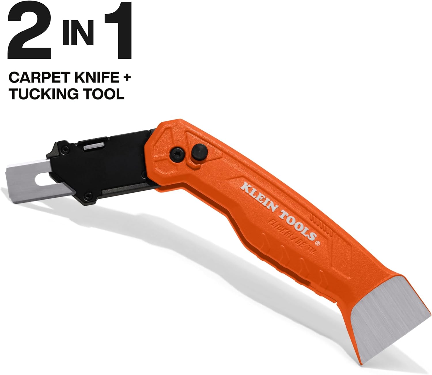 Klein Tools 44310 FLICKBLADE Carpet Blade Folding Utility Knife, Two Locking Positions at 135-Degree and 180-Degree, Integrated Tucking Tool, Tool-Free Blade Change, Durable Aluminum Body