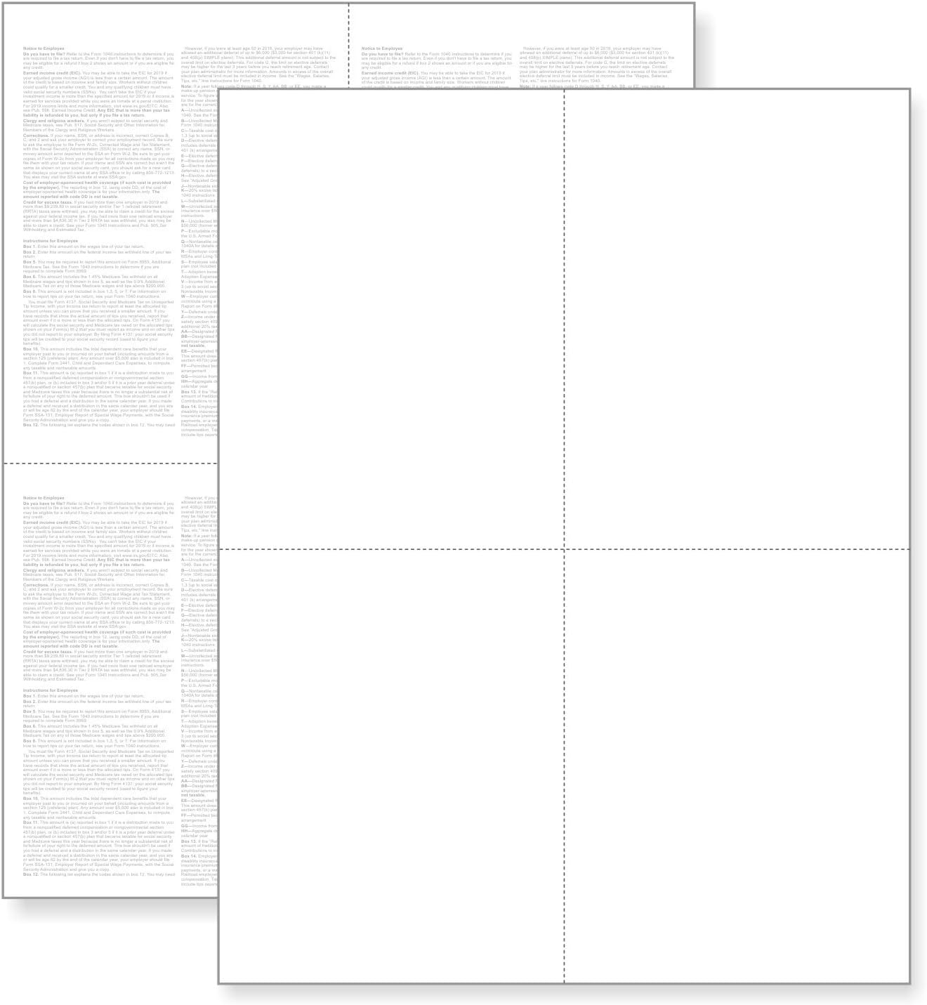 W2 Forms 4Up Version"Instructions on Back" for 2018, Laser and Ink