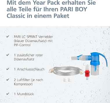 PARI BOY® Pro Year Pack - Nebuliser Replacement Kit with PIF Control | PARI LC sprint nebulizer with the nozzle attachments blue and red. Suitable for all PARI compressors except PARI COMPACT