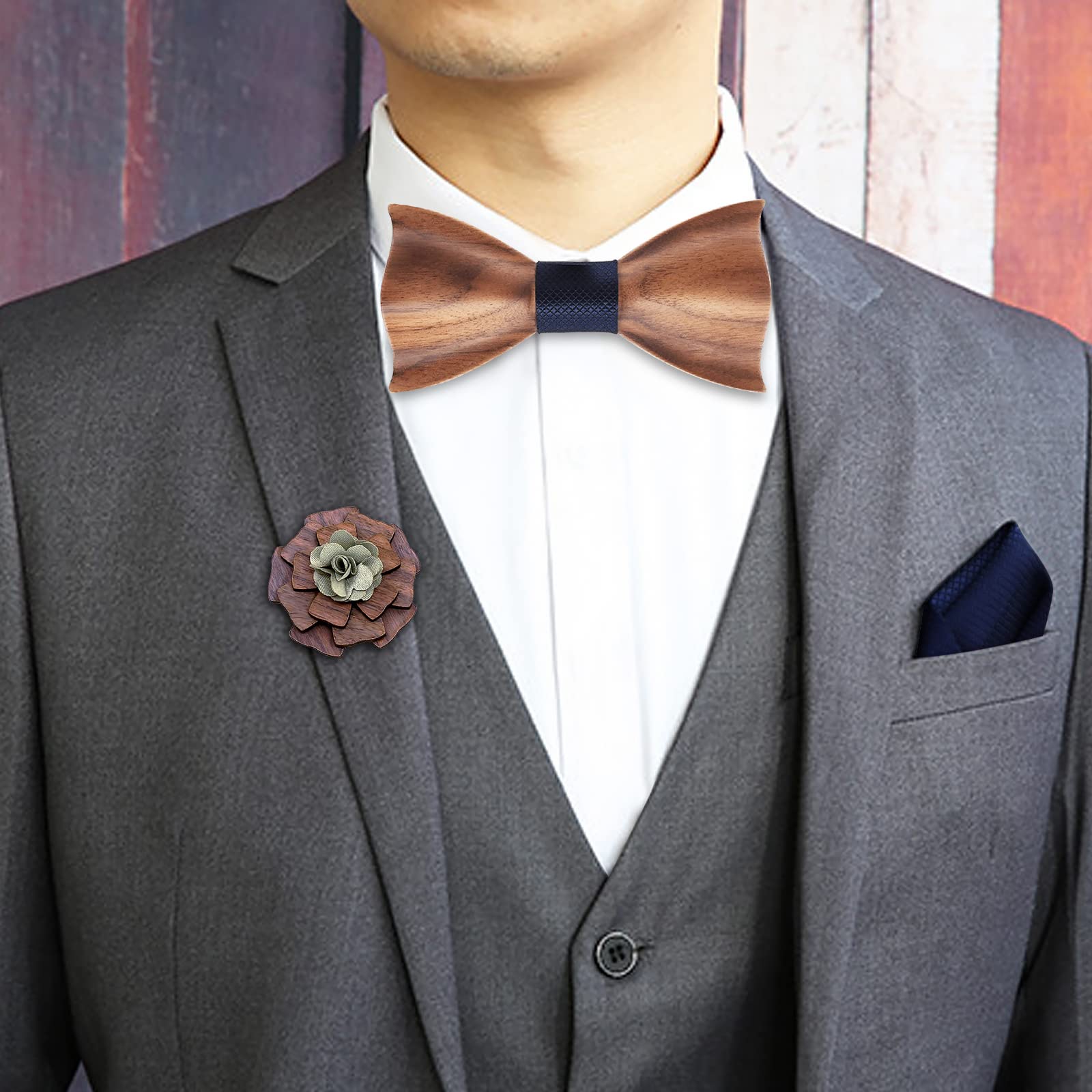 Mr.Van Holzfliege Klassische Set Fliege Herren,Holzfliege, Holz Manschettenknöpfe, Holzbrosche, Einstecktuch für Hochzeiten, Aufführungen, Abschlussball, Partei und sogar tägliche Gebrauch