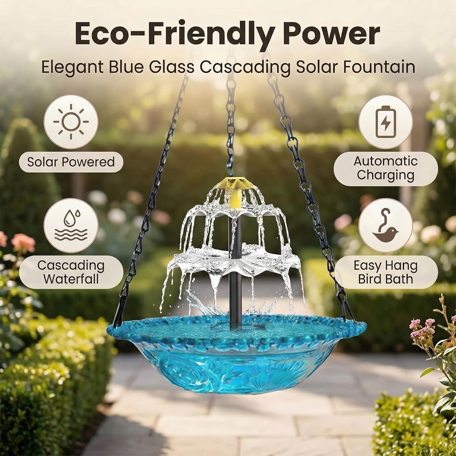 Pipihome Vogeltränke Hängend, Vogeltränke mit Solar Springbrunnen, 3 Stufig Solarbetriebenes Vogelbad mit Metallketten zum Aufhängen für Garten Hof Terrasse Lockt Vögel