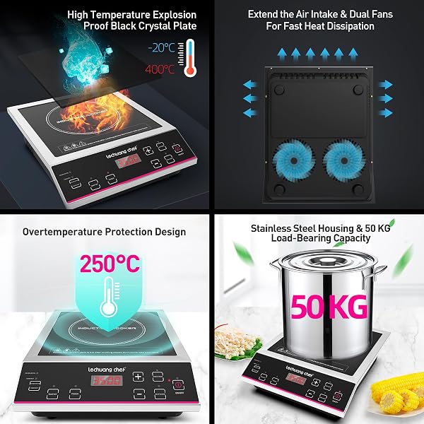 3500W Single Induction Cooker, 10-level Power Setting, 24-hours Timer, 50 kg Large Load Capacity, Temperature Control, Commercial Induction Cooktop - 5