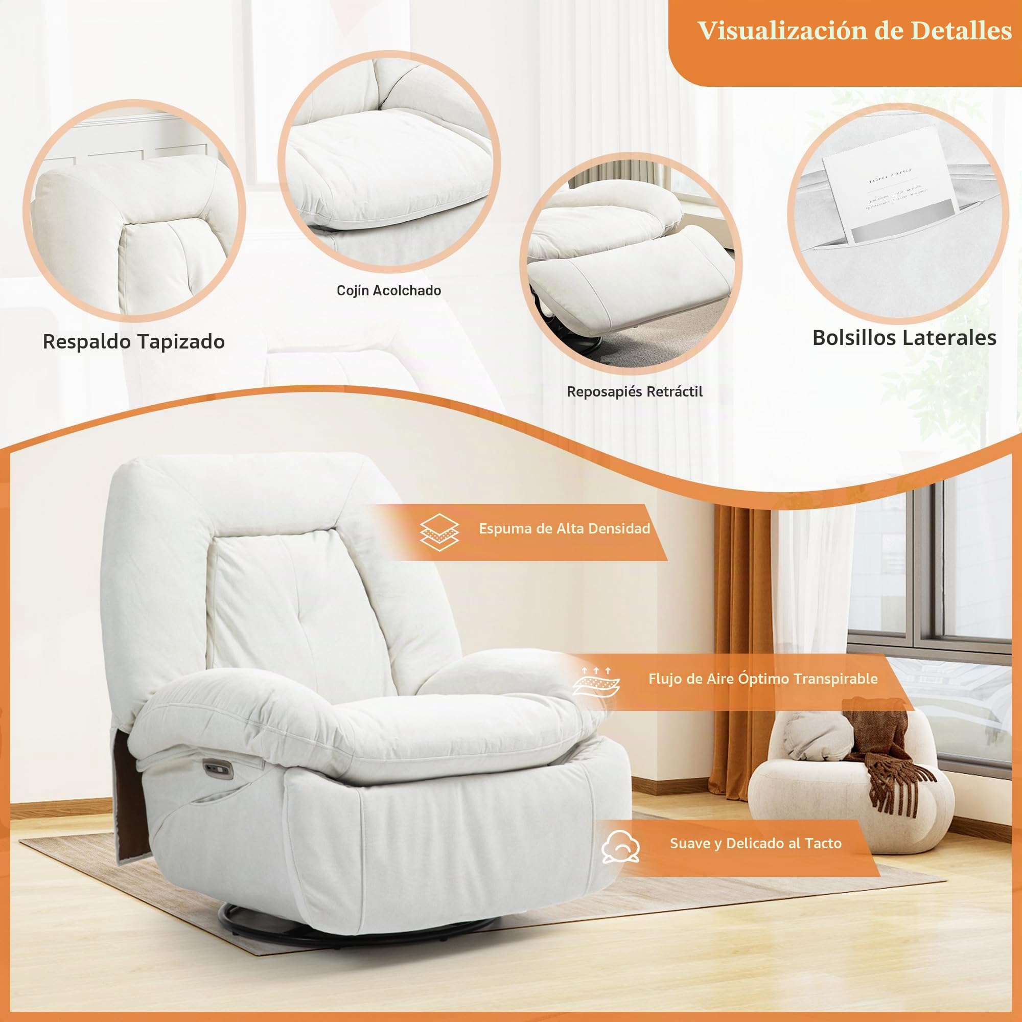 Sillón de Relax eléctrico de Masaje,calefacción, vibración, Masaje, sillón Giratorio, con Puertos Tipo C y USB, 1 Bolsillo Lateral, sillón reclinable para TV, salón (Blanco)