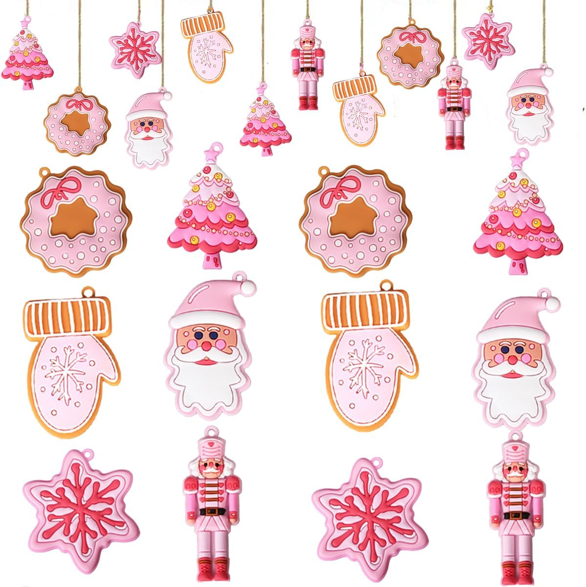 Pink Hanging Ornaments - Christmas Snowman, Santa Claus, Snowflake Designs - 12 Pieces