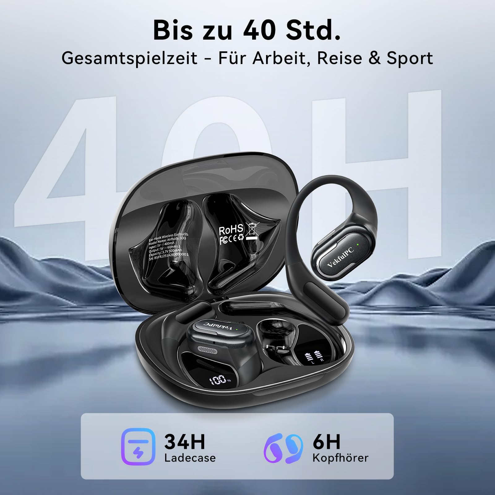 Kopfhörer Kabellos Bluetooth, Open Ear Sport, 11 Stunden Akkulaufzeit, IPX5