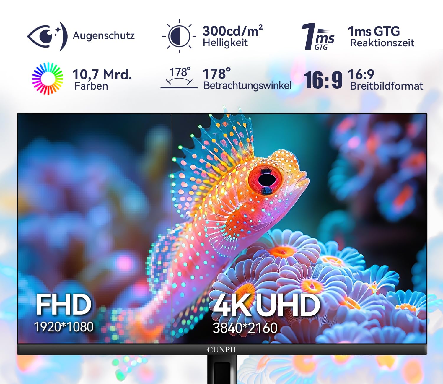 CUNPU 27 Zoll 4K Monitor USB-C 65W, Matt IPS Panel 1ms GTG, USB Hub, SRGB 122%, DCI-P3&AdobeRGB 95%, Delta E＜2, HDR, Eye Care, VESA(100X100mm), 1x DP HDMI USB-C USB-B, 2xUSB-A