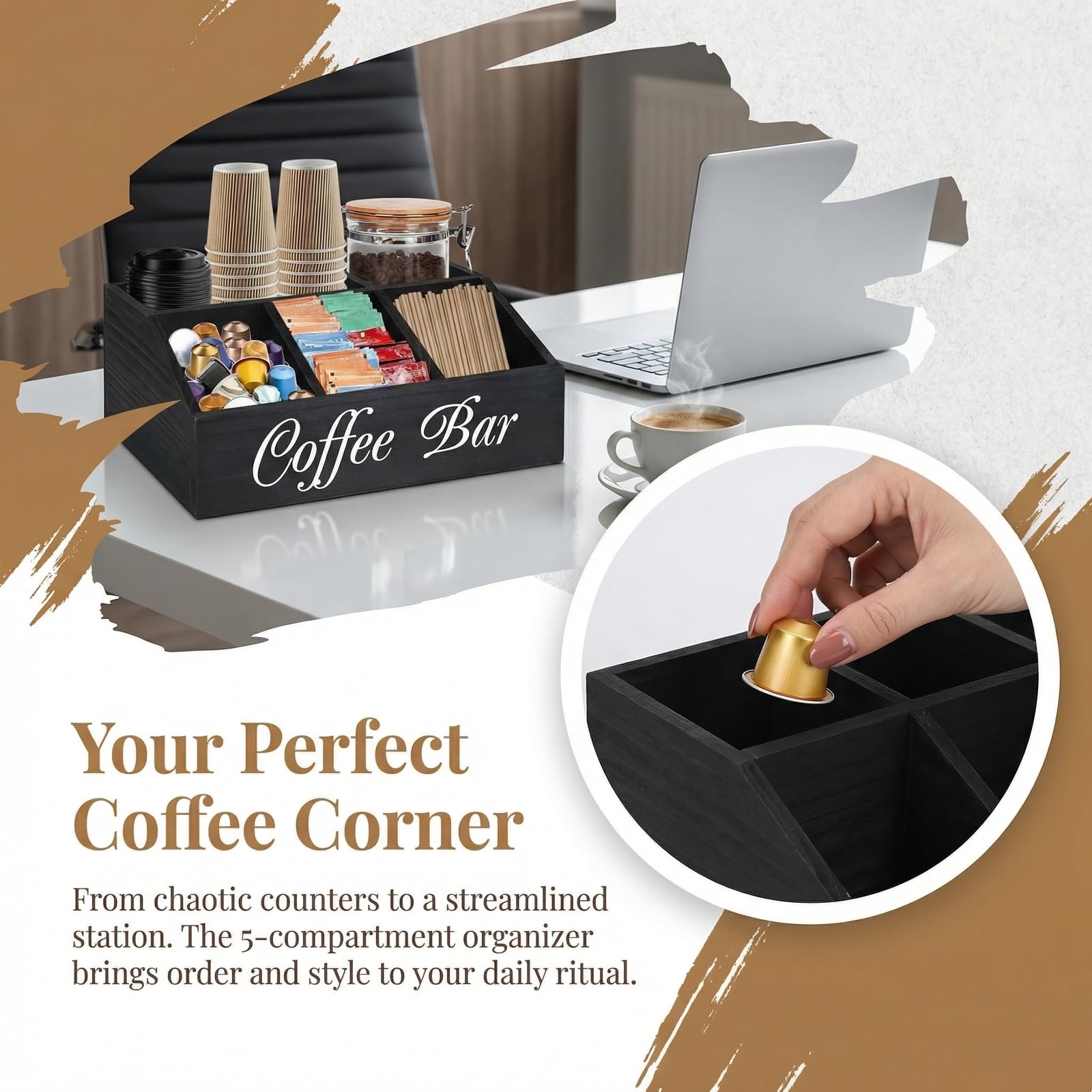 Organizador de Café y Té de Madera de Tung con 5 Compartimentos Estación de Condimentos de Café 30x19,5x12cm Rincon del Cafe para Ordenar Vasos Cucharas Capsulas Azucar con Base Antideslizante
