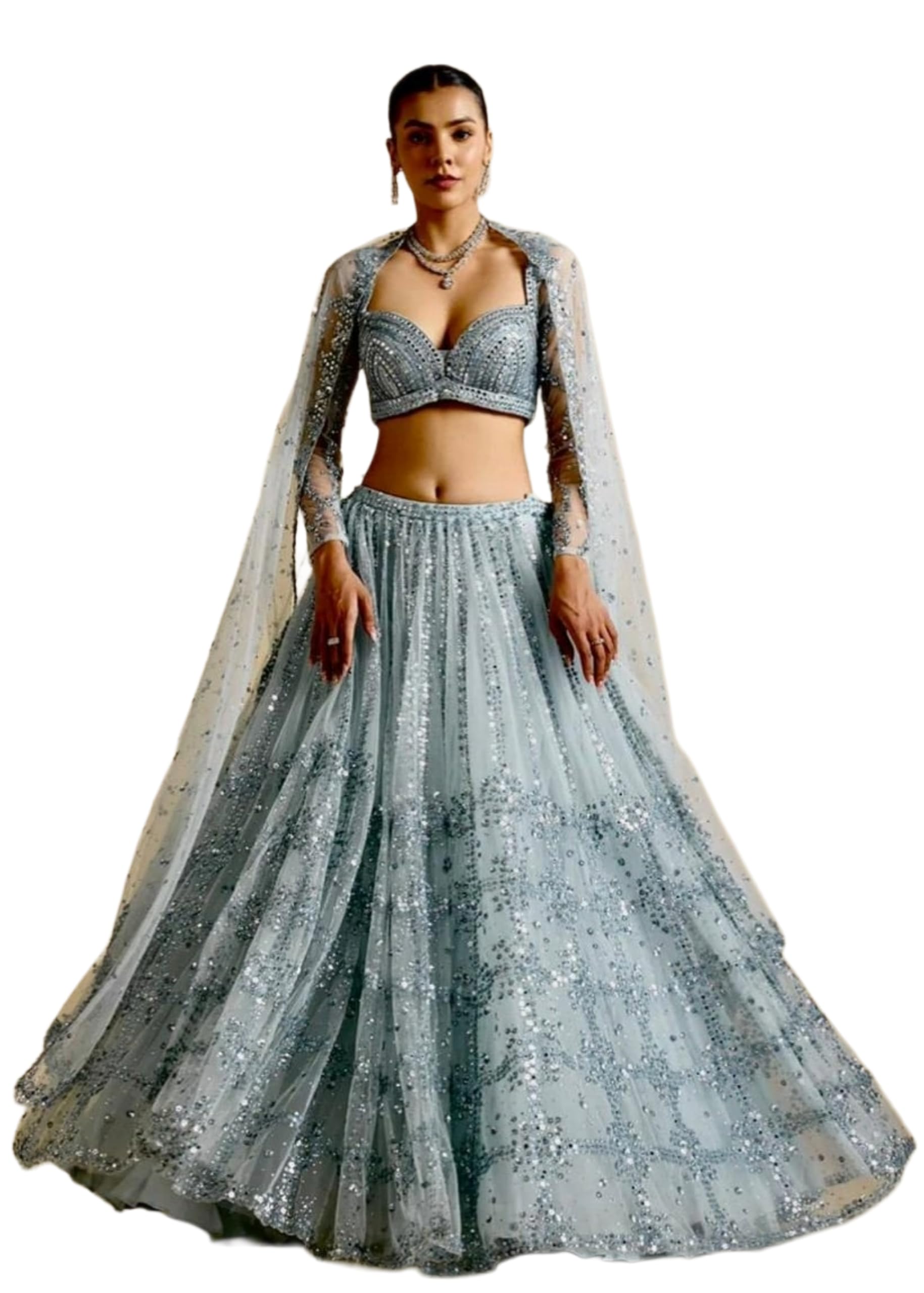 Hochzeitskleidung Lehenga Netz mit Sequenzarbeit Lehenga Choli Set 15851