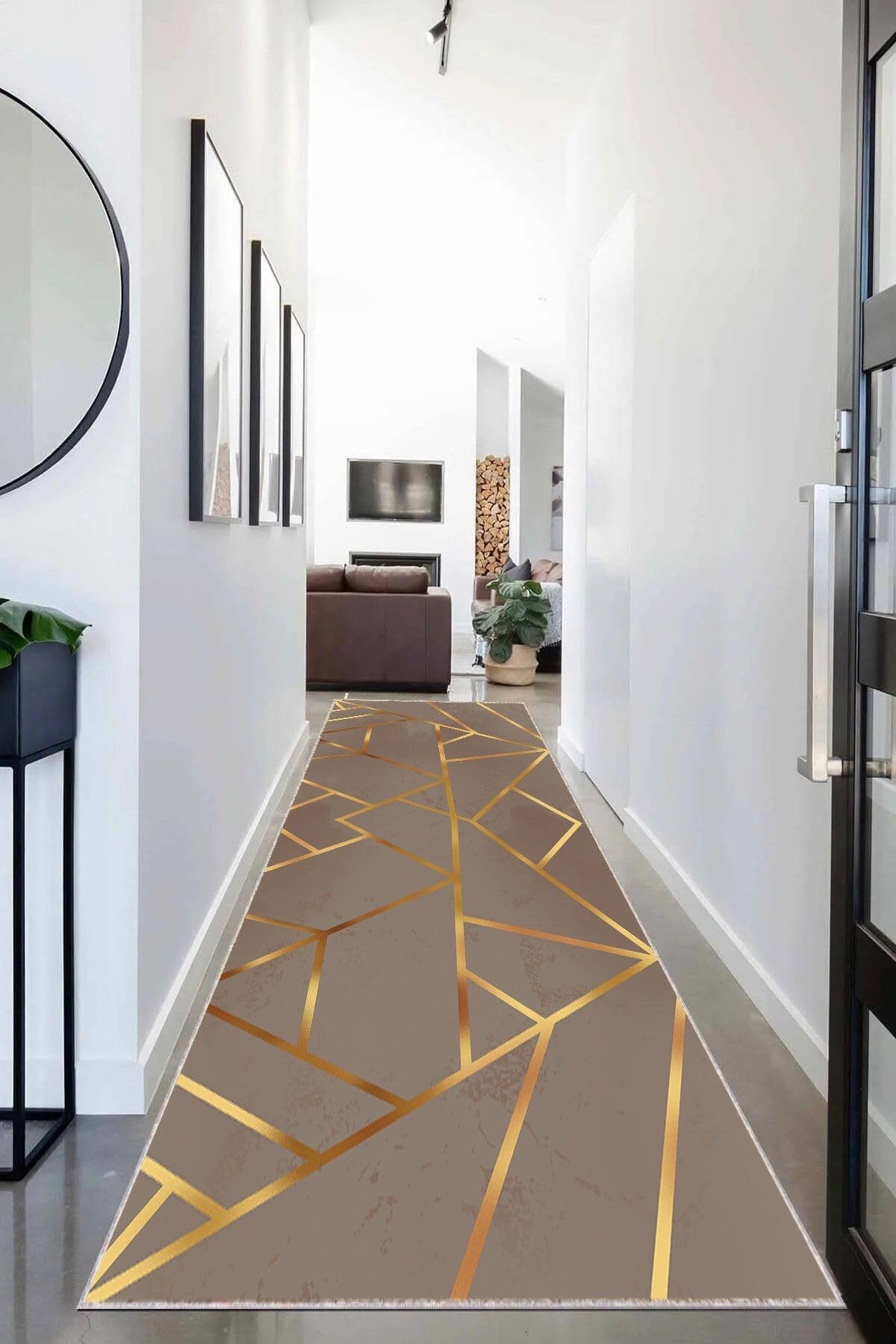 Pelangi Gold Çizgili Geometrik Desenli Dijital Baskı Yıkanabilir Modern Salon Halı ve Yolluk (Vizon), Gold-Siyah 100 x 350, 955412311003507