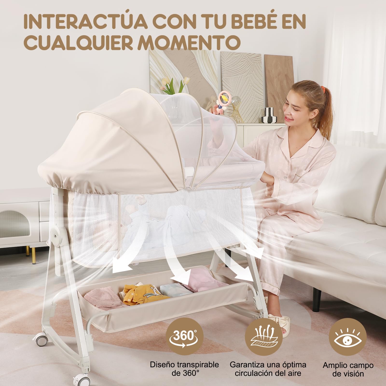 Cuna Colecho 4 en 1 para Bebé, 6 Alturas Ajustables, Moisés con Ruedas, Cuna Portátil con Malla Transpirable, para Recién Nacidos 0–12 Meses, Beige