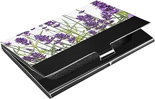 Close-up of Lavender Purple Flowers with Green Leaves on White Business Card Holder Leather, Slim Credit Card Case Stainless Steel Wallet for Women and Men Unisex Business Card Holder