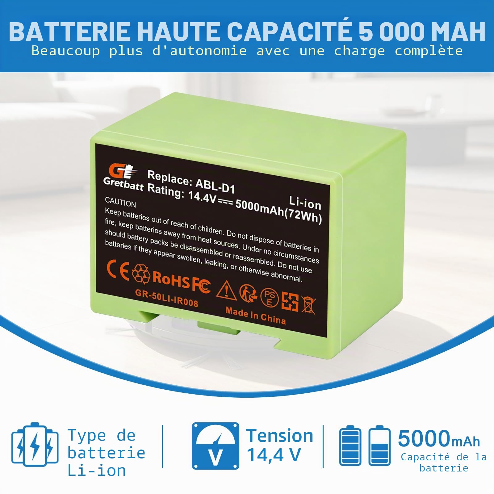 Batterie de Rechange Li-ION pour i7, Batterie 14.4V 5000mAh pour iRobot Roomba e et série i i7/i7+ i4/i4+ i3/i3+ e5 e6 i7158 i7550 i755020 7150 7550, Batterie Lithium-ION de Rechange