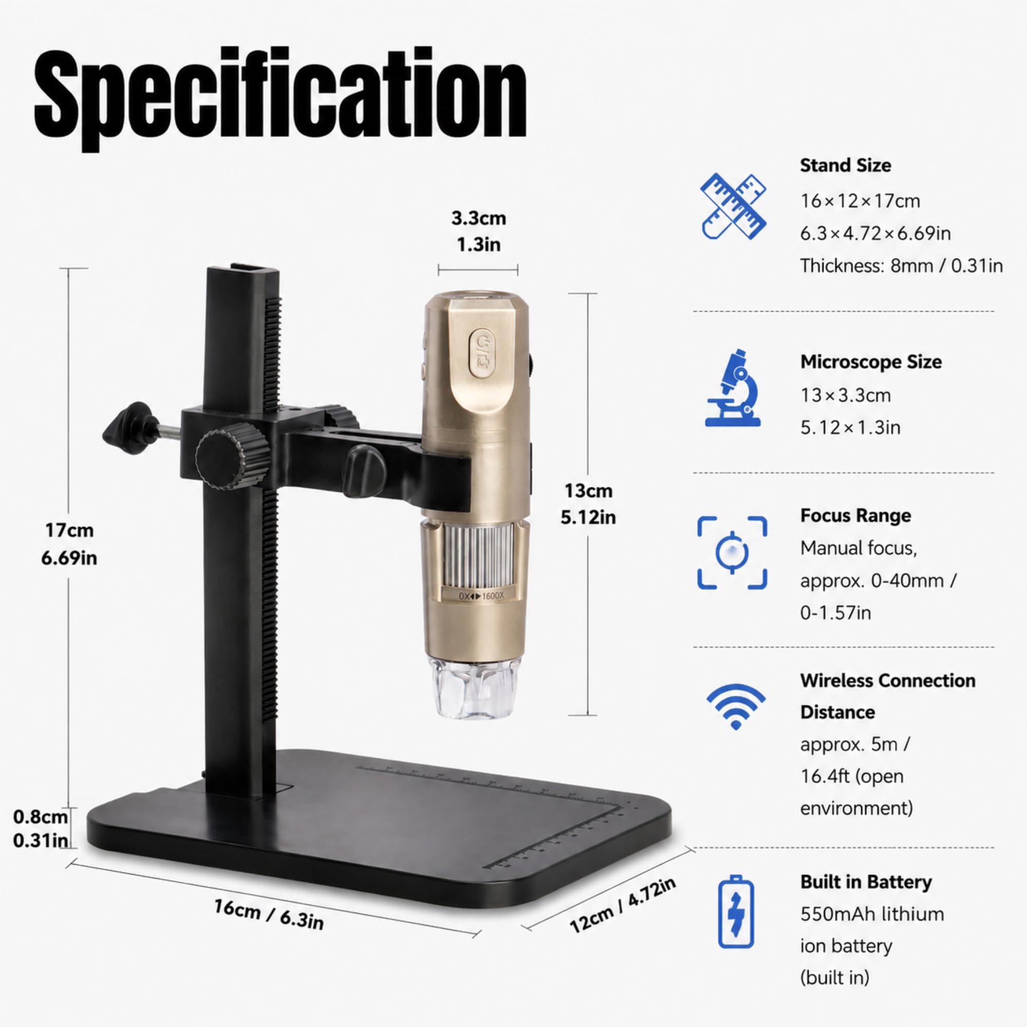 Microscopio Digital USB 1600X WiFi Microscopio de Aprendizaje Inalámbrico Fotografía y Grabación 1080P, con 8 LED y Soporte Ajustable para Profesores, Estudiantes, Colecci