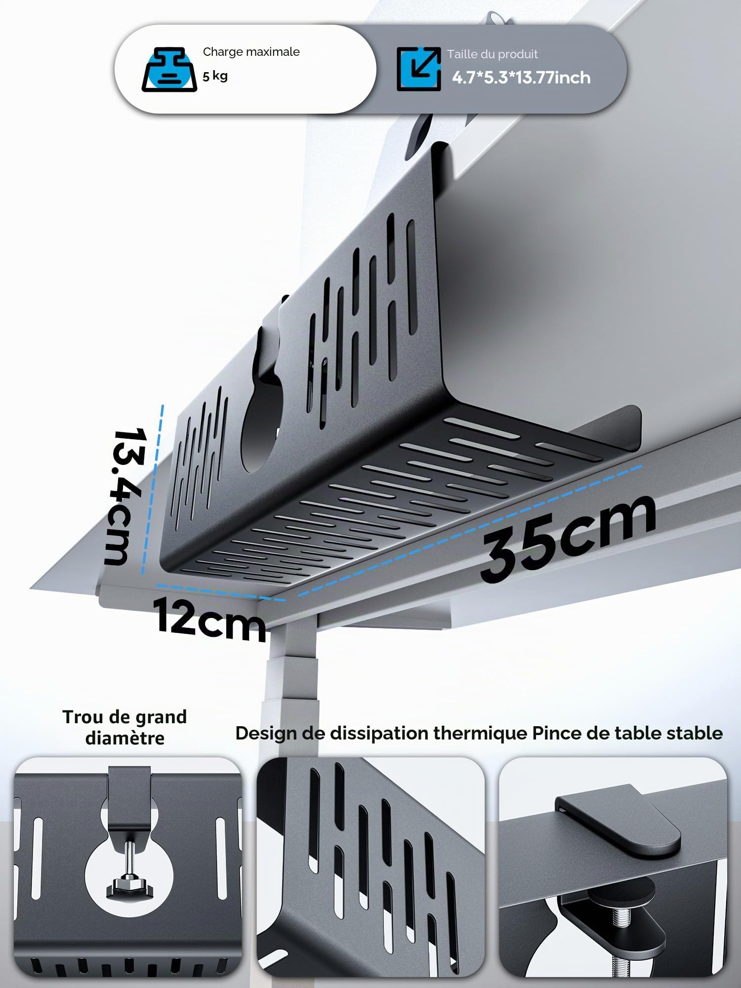 NODOCA Gestion des câbles sous le bureau, sans perçage, gestion des câbles, support de câbles, bureau, panier de câbles pour gérer les câbles et les multiprises - 35 × 13 × 12 cm, noir (lot de 2)