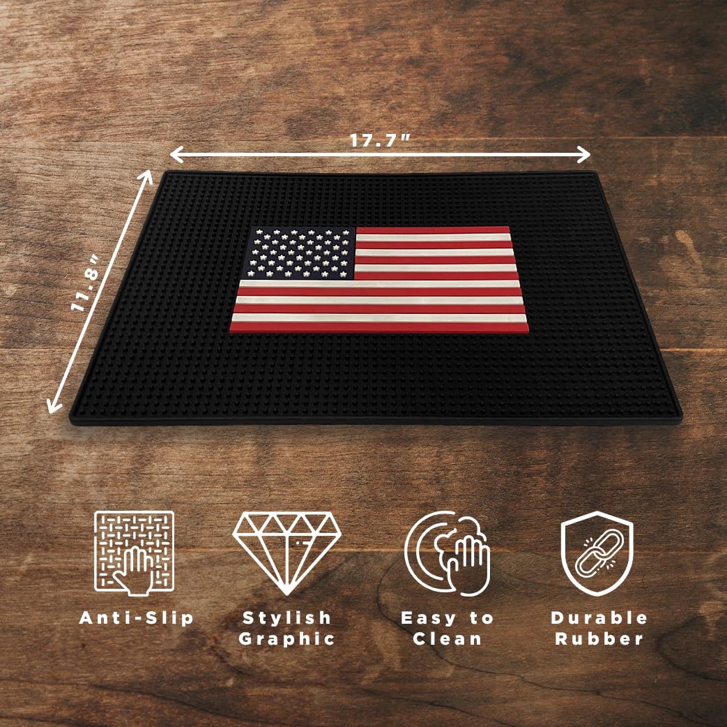 Tenreyn Rubber Bar Mat, 18” x 12” USA American Flag, Non-Slip Bar Service Spill Mat for Countertops, Cocktail Bartenders, Restaurants and Coffee Bars