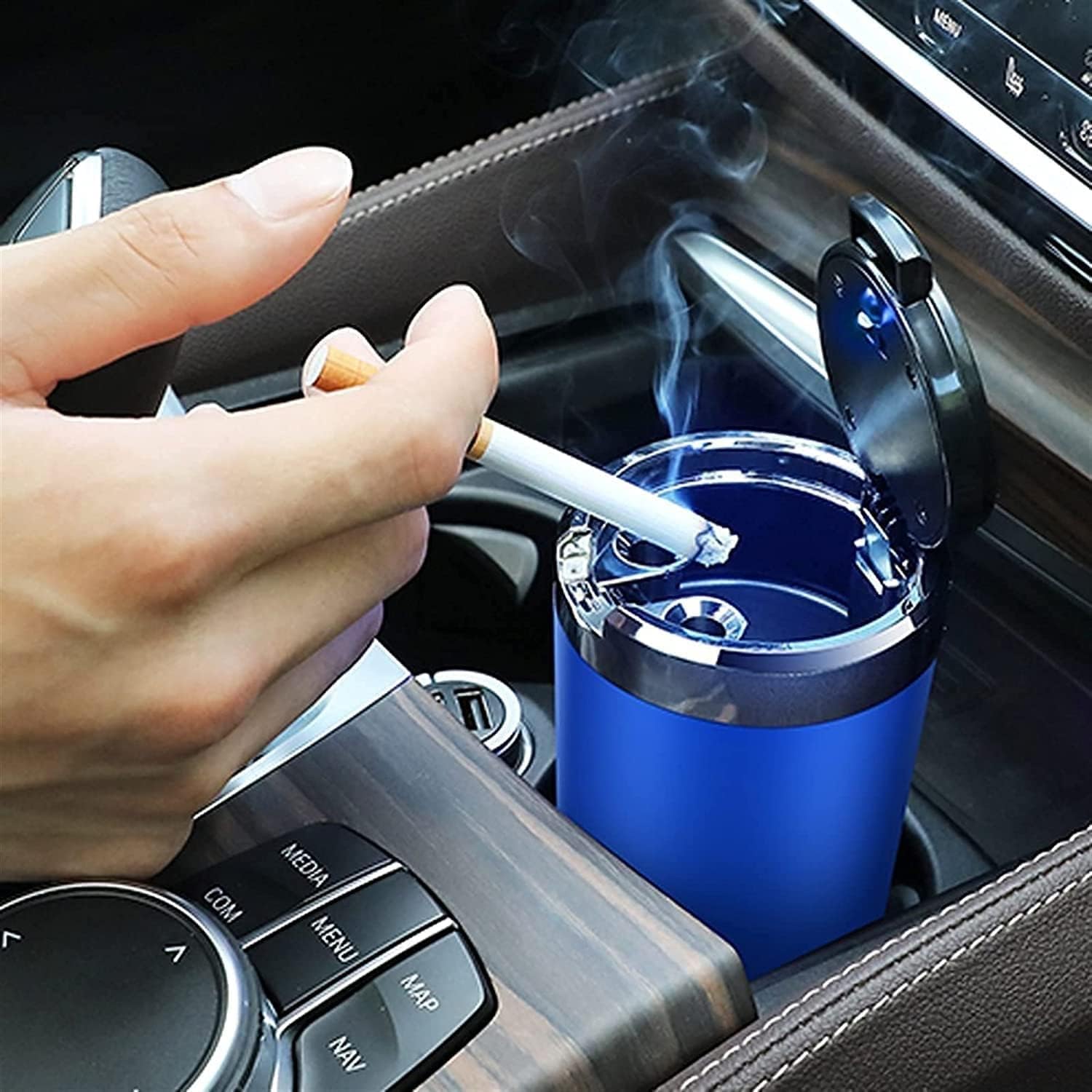 Car Ashtray, Smokeless Ashtray Detachable Ashtray,Portable Ash Tray with Lid Led Blue Light Windproof for Outdoor Travel Home and Office Use