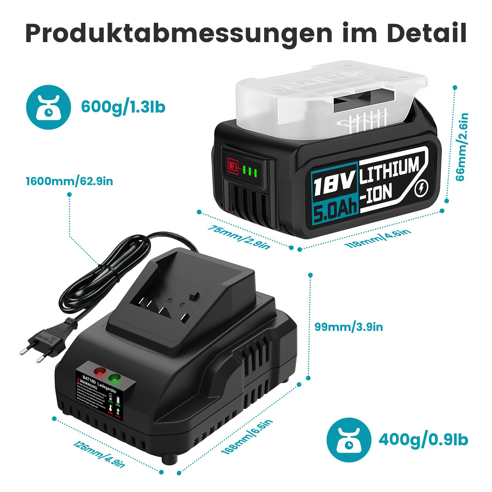 Ersatzakku für Bosch Akku 18v 5000mAh,Kompatibel Bosch Professional 18v GBA Akku + Schnellladegerät BAT18D