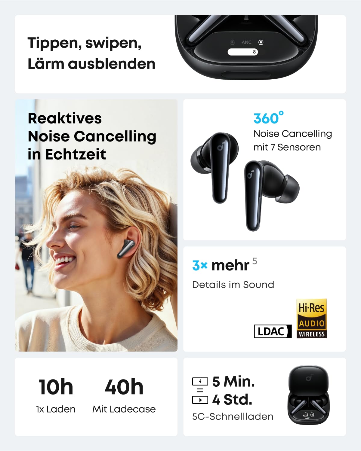 soundcore Liberty 4 Pro von Anker,kabellose Earbuds mit Noise Cancelling,7 Sensoren und ANC in Echtzeit, 2×schneller Laden, HiFi Musik auf Studio-Niveau, klare Anrufe mit 6 Mikrofonen(Generalüberholt)