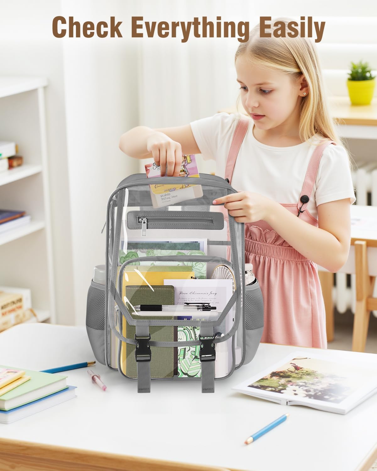 Soimeat Clear Backpack Heavy Duty, Fabric & PVC Transparent Bookbag, See Through Backpacks with Reinforced Strap for Women Men, Large Capacity Clear Backpack for College, Travel, Security, Grey